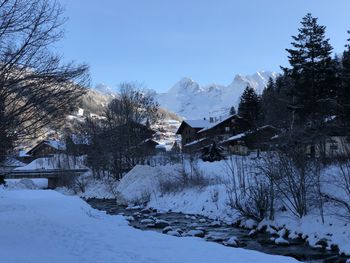 Scenic view of snow covered trees and houses against sky