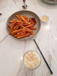 High angle view of food in plate on table