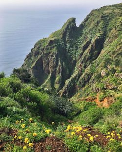 Scenic view of mountain by sea against sky