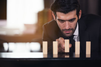 Thoughtful businessman think of project at workplace, new idea inspiration in home office person