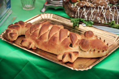 High angle view of bread in plate on table