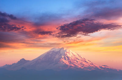 Scenic view of snowcapped mountains against sky during sunset