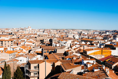 Aerial top panoramic view of historic centre of the medieval town of salamanca with old buildings 