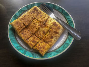 High angle view of breakfast on table