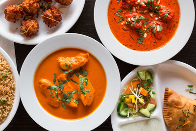 High angle view of soup in bowl on table