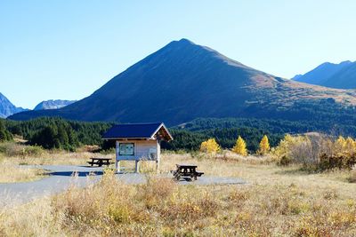 Scenic view of mountains against clear blue sky