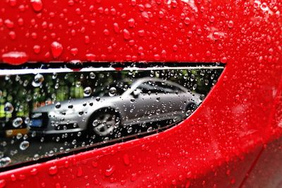 Close-up of water drops on car window