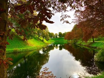 Reflection of trees in lake against sky in park during autumn