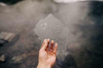 Close-up of hand holding leaf against blurred background