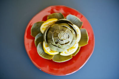 Directly above view of fresh artichoke with lemon in red plate on blue background