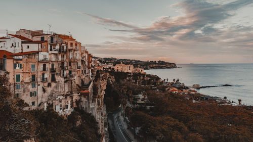 Panoramic view of buildings against sky during sunset