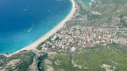 High angle view of beach and buildings in city