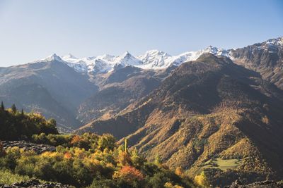 Scenic view of snowcapped mountains against clear sky
