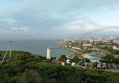 High angle view of city and buildings against sky