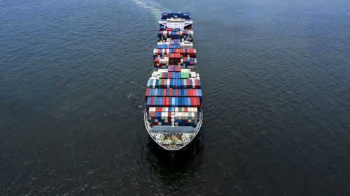 Aerial view container ship cargo freight shipping maritime vessel, global business supply chain.