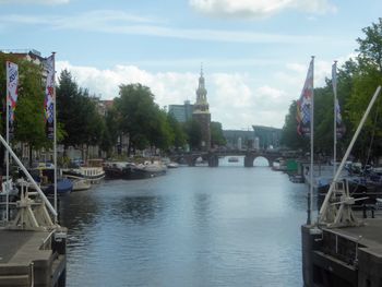 Bridge over river with city in background