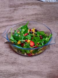 High angle view of fruits in bowl on table