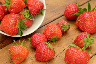 High angle view of strawberries on table