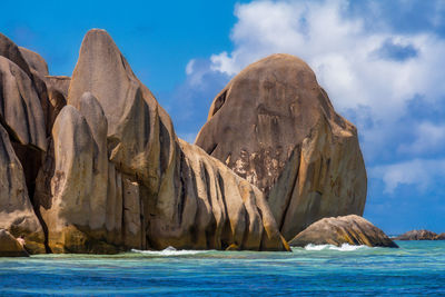 Scenic view of rock formation in sea against sky