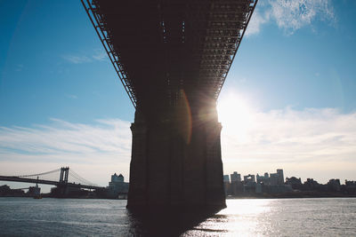 Below view of brooklyn bridge over east river against sky