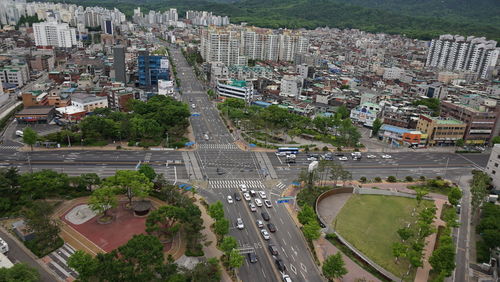 High angle view of buildings in city