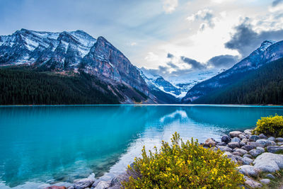 Scenic view of lake and mountains against sky