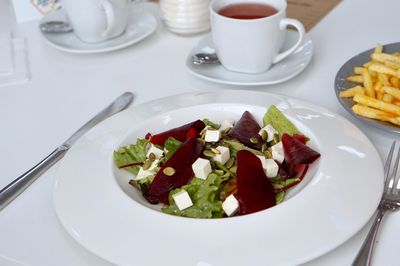 High angle view of food in plate on table