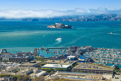 High angle view of city at waterfront