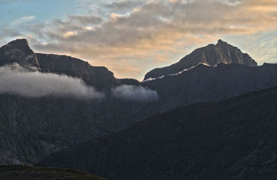 Scenic view of mountains against sky during sunset