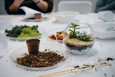 Close-up of food served on table