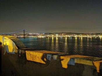 Illuminated city by river against sky at night