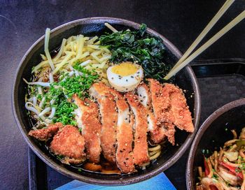 High angle view of food served on table