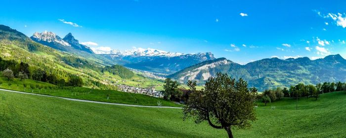 Scenic view of field and mountains against sky