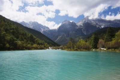 Scenic view of lake and mountains against sky