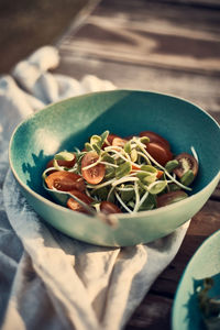 High angle view of food in bowl on table