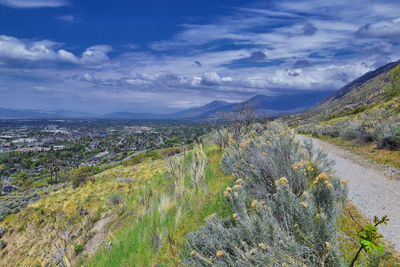 Provo landscape and utah lake bonneville shoreline trail bst wasatch front rocky mountains. usa