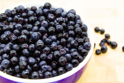 High angle view of blackberries in container on table