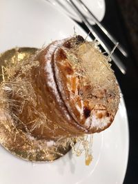 High angle view of bread in plate on table