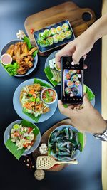 High angle view of food served on table