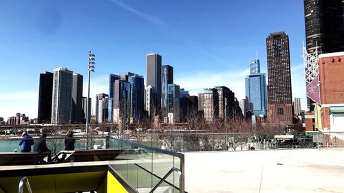 Modern skyscrapers against clear blue sky