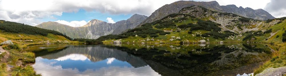 Scenic view of lake against cloudy sky