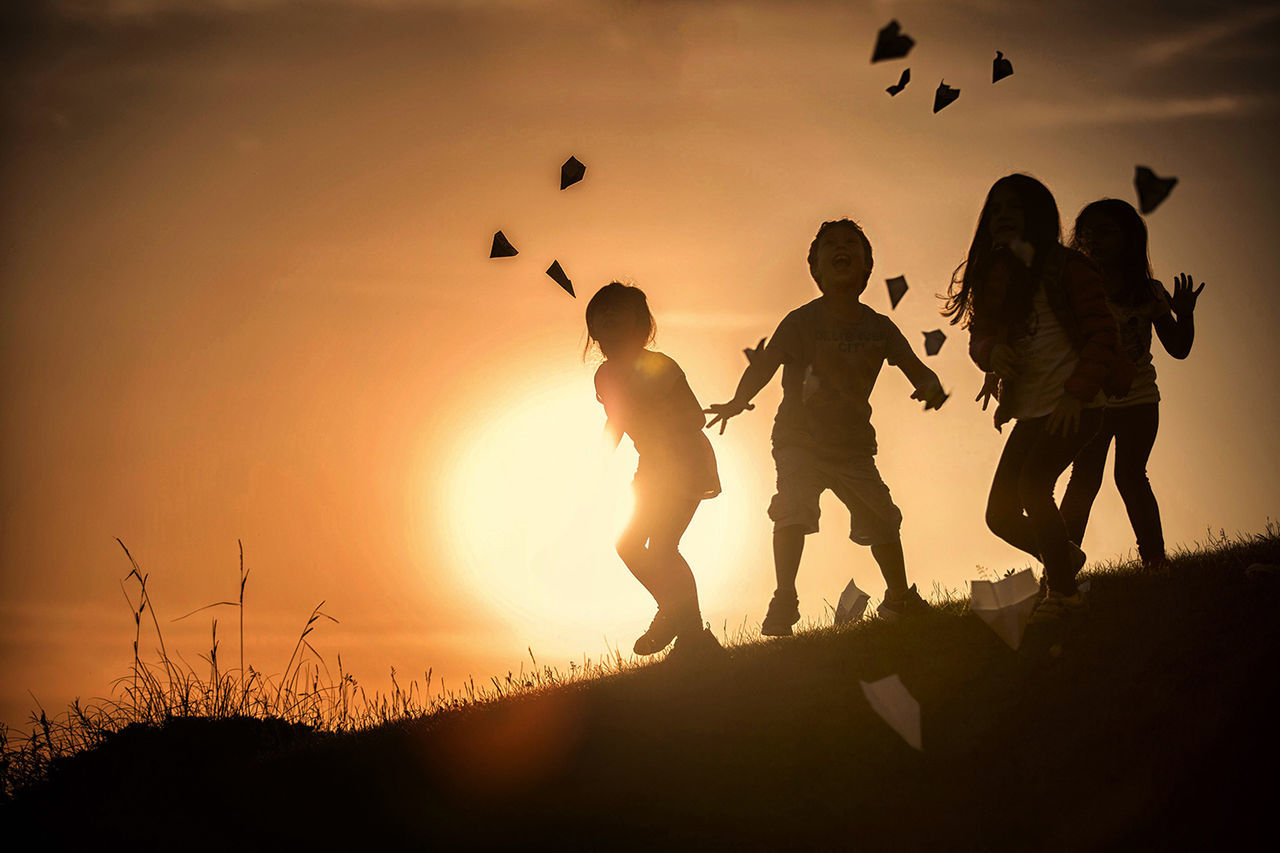 sunset, silhouette, bird, sun, flying, animal themes, sky, orange color, flock of birds, animals in the wild, togetherness, mid-air, wildlife, nature, sunlight, low angle view, outdoors, full length