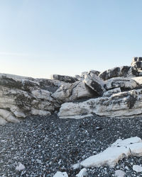 Scenic view of snow covered landscape against clear sky