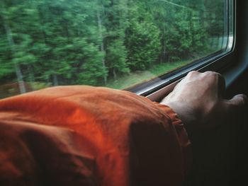 Cropped hand by window in train