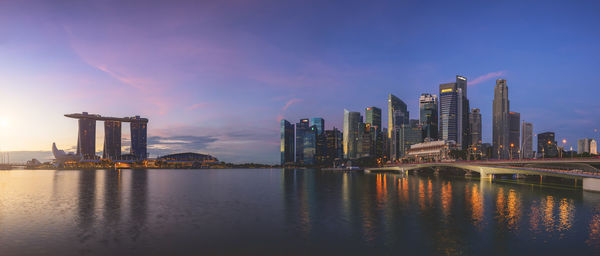 River by modern buildings against sky during sunset