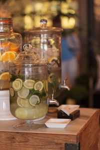 Close-up of drink in jar on table