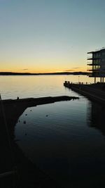 Scenic view of lake against clear sky at sunset