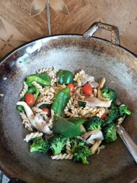 High angle view of mushrooms in cooking pan