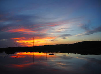 Scenic view of lake against romantic sky at sunset