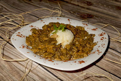 High angle view of food in plate on table